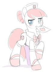 Size: 500x684 | Tagged: safe, artist:ende26, nurse redheart, blushing, clothes, mouth hold, raised hoof, shoes, solo