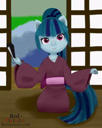 Size: 2440x3072 | Tagged: safe, artist:red-flareon, sonata dusk, anthro, cute, kimono (clothing), sitting, solo