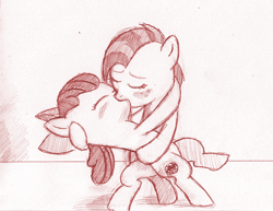 Size: 792x612 | Tagged: safe, artist:jaxonian, apple bloom, babs seed, earth pony, pony, appleseed, ask fapplebloom, blushing, duo, duo female, female, filly, incest, kissing, lesbian, monochrome, shipping