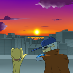 Size: 1000x1000 | Tagged: safe, artist:khorme, oc, oc only, oc:ultramare, dog, city, cityscape, clothes, hat, looking back, sunset, trenchcoat