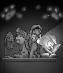 Size: 1074x1247 | Tagged: safe, artist:mickeymonster, apple bloom, scootaloo, sweetie belle, crossover, cutie mark crusaders, eyes closed, fan, five nights at freddy's, flashlight (object), monochrome, mouth hold, scared, tongue out