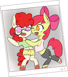 Size: 1143x1294 | Tagged: artist needed, safe, apple bloom, twist, earth pony, pony, belly button, blushing, clothes, duo, duo female, friendship, glasses, midriff, pajamas, pants, photo, shirt, short shirt, shorts, simple background, smiling, socks, tanktop, transparent background, waving