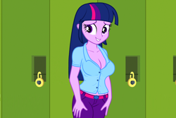 Size: 1920x1280 | Tagged: safe, edit, edited screencap, editor:ah96, screencap, twilight sparkle, equestria girls, equestria girls (movie), big breasts, breast edit, breasts, canterlot high, cleavage, curvy, female, headlight sparkle, hourglass figure, lockers, sexy, smiling, solo