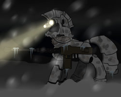 Size: 1000x800 | Tagged: safe, artist:slouping, oc, oc only, oc:blizzard, fallout equestria, armor, battle saddle, browning m2, camouflage, female, gun, machine gun, power armor, powered exoskeleton, snow, snowfall, stalactite, steel ranger, steel rangers, weapon