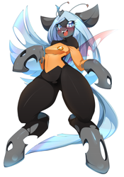 Size: 840x1200 | Tagged: safe, artist:slugbox, oc, oc only, oc:beebee, anthro, changeling, adorkable, arm hooves, blue changeling, blushing, breasts, chestbreasts, clothes, cute, dork, glasses, solo, star trek, star trek: the next generation