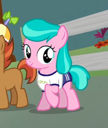 Size: 323x381 | Tagged: safe, edit, edited screencap, screencap, aquamarine, button mash, earth pony, pony, aquamarine wears everything, clothes, colt, female, filly, gym uniform, japanese, male, sports panties, uniform