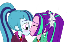 Size: 1366x768 | Tagged: safe, artist:sunsetwishesmlp, aria blaze, sonata dusk, equestria girls, arisona, blushing, female, kissing, lesbian, shipping