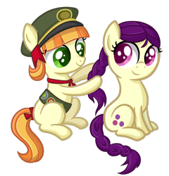 Size: 1656x1728 | Tagged: safe, artist:thecheeseburger, boysenberry, tag-a-long, earth pony, pony, braiding, cute, duo, duo female, female, filly, filly scouts, transparent background, uniform