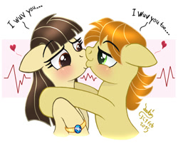 Size: 1100x900 | Tagged: safe, artist:joakaha, wild fire, oc, oc:mandopony, engagement, engagement ring, female, kissing, male, mandofire, shipping, straight