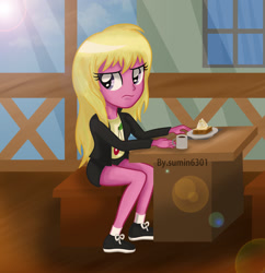 Size: 2000x2062 | Tagged: safe, artist:sumin6301, cherry berry, equestria girls, cherry, clothes, coffee, equestria girls-ified, food, grumpy, hot pants, jacket, shoes, solo