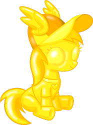 Size: 596x800 | Tagged: safe, artist:lumorn, edit, noi, earth pony, pony, clothes, fangirl, female, filly, gold, hat, heart, rainbow dash fanclub, shirt, simple background, sitting, smiling, solo, statuette, t-shirt, transparent background, vector, wings