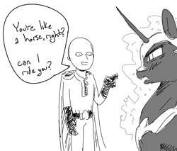 Size: 1484x1267 | Tagged: safe, artist:nobody, nightmare moon, blushing, crossover, fangs, frown, glare, monochrome, one punch man, open mouth, pointing, saitama, smiling, this will end in death, this will end in one punch, this will end in tears and/or death