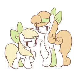 Size: 600x600 | Tagged: safe, artist:wasu, carrot top, golden harvest, noi, earth pony, pony, sisterhooves social, bow, cute, cutie top, duo, duo female, female, filly, frown, glare, headband, mare, pixiv, raised hoof