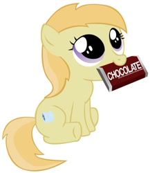 Size: 680x784 | Tagged: artist needed, safe, noi, earth pony, pony, baby, baby pony, c:, chocolate, cute, filly, looking up, mouth hold, nom, sitting, smiling, solo, underhoof