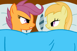 Size: 950x623 | Tagged: safe, artist:dreamcasterpegasus, noi, scootaloo, earth pony, pegasus, pony, angry, bed, blanket, duo, duo female, female, filly, pillow, teeth