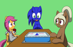 Size: 1280x819 | Tagged: safe, artist:samrosemodblog, scootaloo, oc, oc:lightning blitz, oc:sandy hooves, oc:sonic dash, earth pony, pegasus, pony, comic:ask motherly scootaloo, ask pregnant scootaloo, baby, baby pony, birthday cake, cake, colt, crossover, female, green background, happy birthday, holding a pony, male, mare, mother and child, mother and son, motherly scootaloo, offspring, older, parent and child, parent:rain catcher, parent:scootaloo, parents:catcherloo, ponified, simple background, sonic the hedgehog, sonic the hedgehog (series), sweatshirt