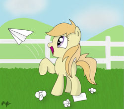 Size: 561x494 | Tagged: safe, artist:graciegirl328, noi, earth pony, pony, female, filly, open mouth, paper plane, solo, solo female