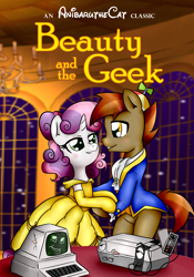 Size: 1700x2423 | Tagged: safe, artist:anibaruthecat, button mash, sweetie belle, beauty and the beast, belle, computer, female, male, nintendo entertainment system, parody, shipping, straight, sweetiemash
