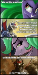 Size: 495x960 | Tagged: safe, mane-iac, kaiju, pony, fanfic:the bridge, comic, crack shipping, crossover, female, gigan, godzilla (series), heart, humor, joke, mare