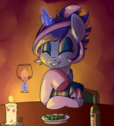 Size: 1000x1100 | Tagged: safe, artist:goat train, minuette, alternate hairstyle, candle, clothes, date, dinner, dress, eyes closed, food, magic, salad, sitting, smiling, solo, wine bottle, wine glass