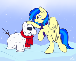 Size: 1280x1023 | Tagged: safe, artist:meggchan, oc, oc only, oc:silvia, pegasus, pony, clothes, costume, feather, scarf, smiling, snow, snowfall, snowpony