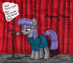 Size: 1352x1176 | Tagged: safe, artist:newyorkx3, maud pie, clothes, curtains, dialogue, dress, female, mare, microphone, singing, solo, traditional art