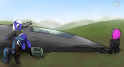 Size: 1280x698 | Tagged: safe, artist:the-furry-railfan, oc, oc only, oc:crash dive, oc:night strike, oc:static charge, earth pony, pegasus, pony, fallout equestria, fallout equestria: empty quiver, aircraft, autocannon, bomber, cannon, clothes, cockpit, enclave armor, field, grand pegasus enclave, power armor, sitting, story, turret, wreck, xb/a-1 valkyrie