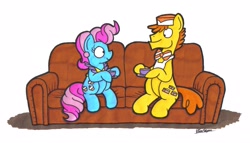 Size: 2801x1607 | Tagged: safe, artist:bobthedalek, carrot cake, cup cake, earth pony, pony, duo, saucer, sofa, tea, teacup