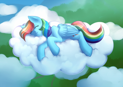 Size: 1000x706 | Tagged: safe, artist:sugaryviolet, derpibooru import, rainbow dash, pegasus, pony, cloud, cloudy, cute, dashabetes, eyes closed, on side, sleeping, smiling