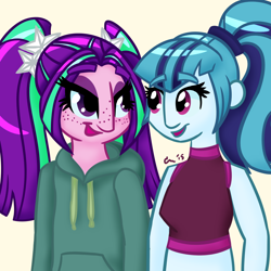 Size: 1000x1000 | Tagged: safe, artist:rivalcat, aria blaze, sonata dusk, equestria girls, arisona, female, freckles, lesbian, midriff, shipping