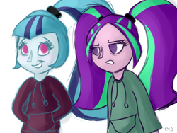 Size: 800x600 | Tagged: safe, artist:xwreathofroses, aria blaze, sonata dusk, equestria girls, clothes, duo, hoodie, smiling