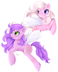 Size: 921x1150 | Tagged: safe, artist:lizzyrascal, derpibooru import, honeysuckle, lily (g1), flutter pony, g1, colored pupils, duo, flying, simple background, transparent background