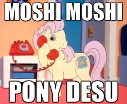 Size: 400x328 | Tagged: safe, derpibooru import, edit, edited screencap, screencap, g1, my little pony tales, too sick to notice, desu, image macro, japanese, misty (g1), phone, telephone