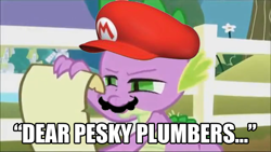 Size: 640x360 | Tagged: safe, derpibooru import, edit, edited screencap, screencap, spike, dragon, cap, cd-i, hat, hotel mario, mario, mario's hat, moustache, nintendo, super mario bros., youtube poop