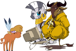 Size: 1014x680 | Tagged: safe, derpibooru import, little strongheart, zecora, wildebeest, zebra, computer, flute, gnu, levitation, musical instrument