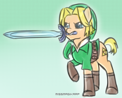 Size: 646x518 | Tagged: safe, artist:missmagikarp, derpibooru import, 30 minute art challenge, link, ponified, sword, the legend of zelda