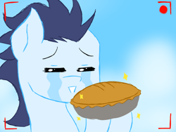 Size: 800x600 | Tagged: safe, derpibooru import, soarin', crying, hoof hold, pie, recording, that pony sure does love pies