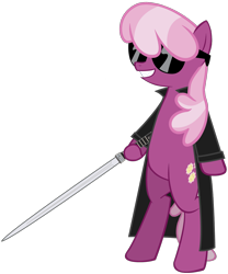 Size: 1100x1324 | Tagged: safe, artist:totallynotabronyfim, derpibooru import, cheerilee, vampire, blade, blade (marvel comics), clothes, crossover, daywalker, fangs, sword, trenchcoat