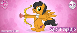 Size: 748x326 | Tagged: safe, artist:patchwerk-kw, derpibooru import, arrow, bow (weapon), bow and arrow, horoscope, official, ponified, ponyscopes, sagittarius, weapon, zodiac