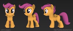 Size: 1390x603 | Tagged: safe, artist:hashbro, derpibooru import, scootaloo, pegasus, 3d, female, filly, orange coat, purple mane, solo