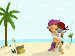 Size: 1024x768 | Tagged: safe, artist:westernciv, derpibooru import, pipsqueak, scootaloo, female, island, male, pirate, scootasqueak, shipping, straight, toy ship, treasure, treasure chest