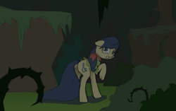 Size: 1280x804 | Tagged: safe, artist:fiddlearts, derpibooru import, fiddlesticks, apple family member, everfree forest, fiddlesticks-answers, plot, scared, solo