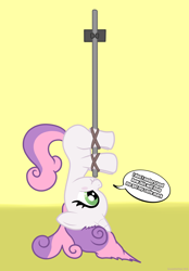 Size: 3200x4600 | Tagged: safe, artist:greaterlimit, derpibooru import, sweetie belle, broom, living object, messy mane, rope, scrunchy face, simple background, speech bubble, upside down