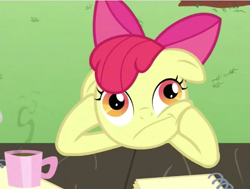 Size: 619x467 | Tagged: safe, derpibooru import, screencap, apple bloom, ponyville confidential, coffee, thinking, thinking bloom