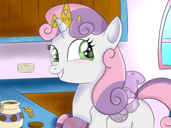 Size: 1024x768 | Tagged: dead source, safe, artist:pon-ea, derpibooru import, sweetie belle, clothes, cookie jar, socks, solo, striped socks, tiara