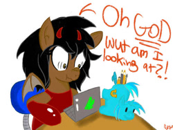 Size: 500x375 | Tagged: safe, derpibooru import, bat pony, pony, computer, laptop computer, lyra plushie, mulp, pencil, plothole plush lyra, scrunchy face