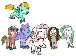 Size: 1000x740 | Tagged: dead source, safe, artist:corwin, derpibooru import, lightning dust, oc, oc:blue cake, oc:ca$hity, oc:dawn shimmer, oc:timid cloud, oc:tomato jane, alternate mane six, alternate universe, bizarro, mane six, shoes