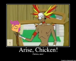 Size: 650x520 | Tagged: safe, derpibooru import, edit, scootaloo, chicken, human, aqua teen hunger force, billywitchdoctor, billywitchdoctor.com, billywitchdoctordotcom, dead, decapitated, eyes closed, motivational poster, scootachicken, severed head