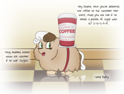 Size: 1470x1115 | Tagged: safe, artist:gowdie, derpibooru import, oc, oc only, oc:beanie, fluffy pony, coffee, fluffy pony original art