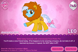 Size: 750x500 | Tagged: safe, derpibooru import, horoscope, implied pinkie pie, leo, official, ponified, ponyscopes, solo, text, zodiac